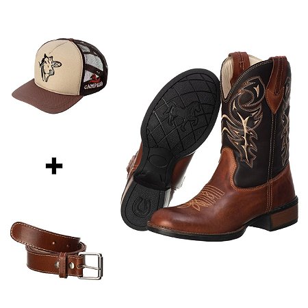 Kit Bota Texana Masculina Lisa + Cinto Masculino + Boné Nelore Campero Ref 813