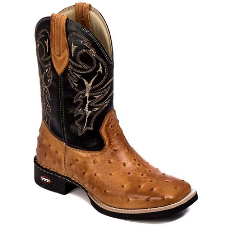 Bota Texana Couro Avestuz bico quadrado Peão Rodeio Latego Whisky 806