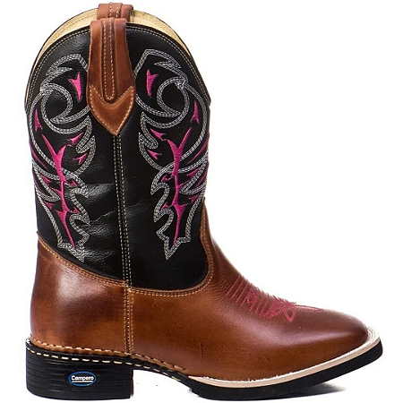 Bota Texana Feminina Cowgirl Em Couro Liso Pinhão detalhe Rosa Ref 701