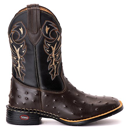 Bota Texana Couro Avestruz bico quadrado Rodeio marrom café Ref 806