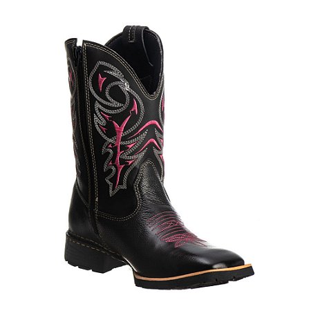 Bota Texana Feminina Couro Preto/ Rosa Ref 732