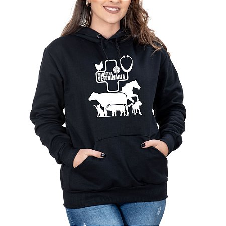 Blusa Moletom Feminino Veterinária Preto Com Bolso MedVet Country