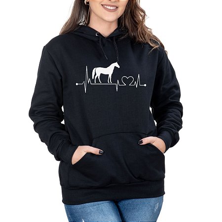Blusa Moletom Feminino Batimentos Coração Cavalo Preto Com bolso