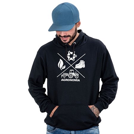 Blusa moletom Masculino Country Preto Com Capuz e Bolso Canguru Agro Agronomia
