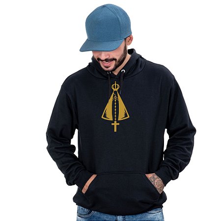 Blusa Moletom Nossa Senhora Aparecida Masculino Preto Country Com Capuz e Bolso Canguru