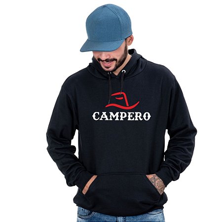 Blusa Moletom Country Campero Masculino Preto Com Capuz e Bolso Canguru