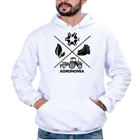 Blusa Moletom Masculino Agronomia Branco Com Capuz e Bolso Canguru Agro