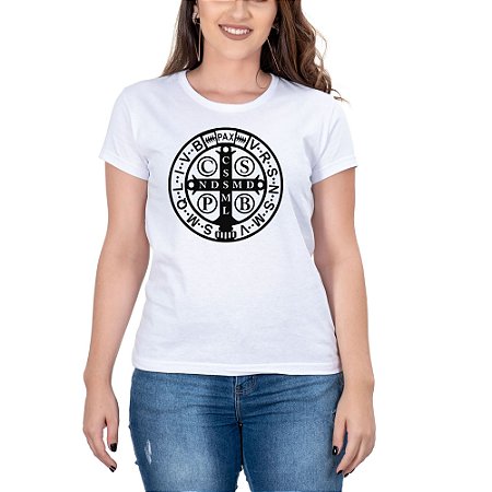 Camiseta Feminina Country Manga curta Branca Medalha de São Bento
