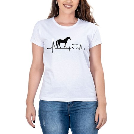 Camiseta Feminina Country Amor por Cavalos Mulas Batimentos Coração Manga curta Branca