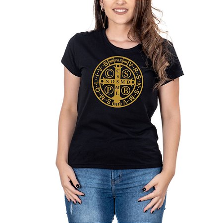 Camiseta Feminina Country Medalha de São Beto Manga curta Preta