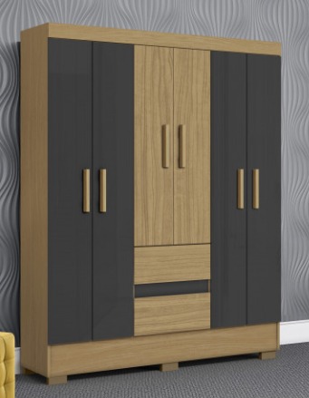 Guarda Roupa Casal 6 Portas 2 Gavetas com Pés Coimbra - Castanho grafite