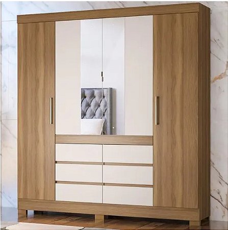 Guarda Roupa Casal 4 Portas, Espelho e 6 Gavetas Cádis - Amendoa off white