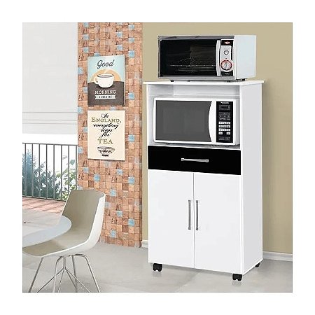 BALCÃO IPE 2PTS MICROO E FORNO C/GAV E RODÍZIOS BRANCO/ PRETO