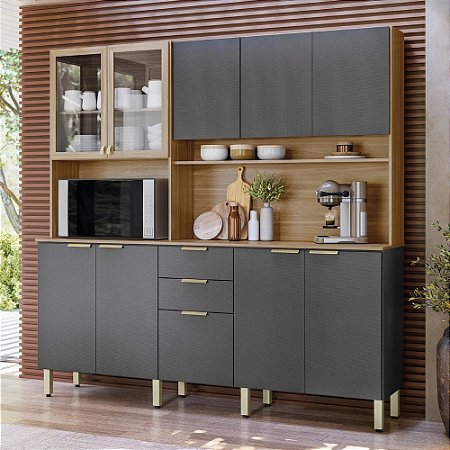 Cozinha Compacta Amora 10 Portas e 2 Gavetas- Amendoa Grafite
