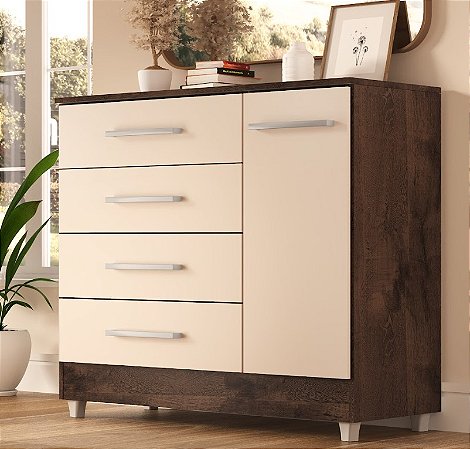 Cômoda 4 gavetas 1 porta - LAURA CHOCOLATE/OFF WHITE