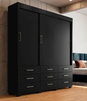 Guarda Roupa 3 portas de correr e 9 gavetas ITAPEMA PRETO