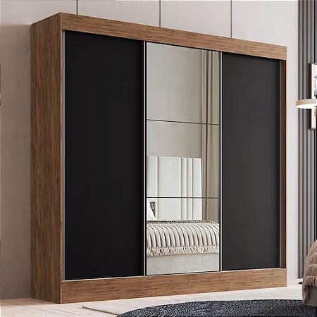 Guarda Roupa Casal Michigan 3 Portas 4 Gavetas 100% MDF com Espelho CASTANHO/PRETO