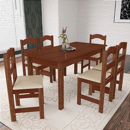 Mesa com 6 Cadeiras madeira - Praiana Arauna amendoa