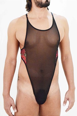 BODY EM TULE PRETO COM DETALHE EM TULE ESTAMPADO COM REGULADOR