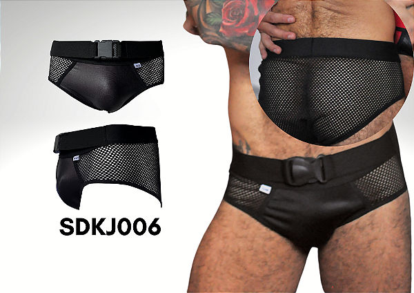 CUECA EM COURO SINTÉTICO COM ARRASTÃO E DETALHE FIVELA