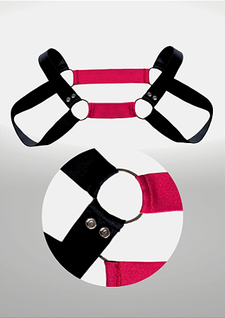 HARNESS ELÁSTICO VERMELHO E PRETO COM DETALHE EM METAL