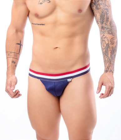 Cueca Jockstrap Azul Marinho com Elástico Tricolor