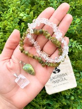 Conjunto Transformações e Mudanças - Peridoto, Serpentinita, Quartzo Cristal e Calcita Ótica