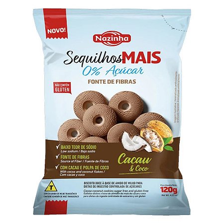 Sequilhos Mais Sabor Cacau e Coco Sem Glúten e Zero Açúcar Nazinha 120g *Val.130625