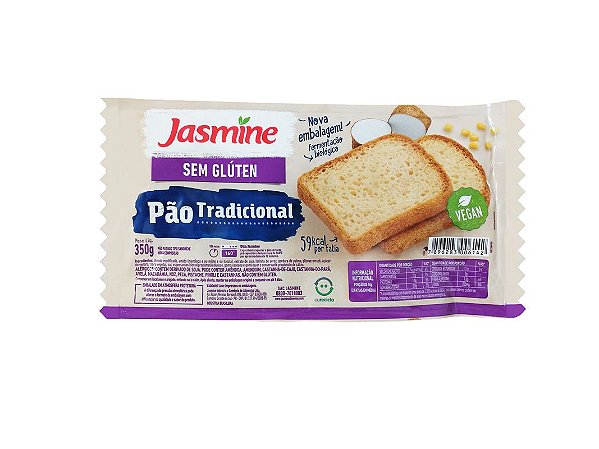 Pão Tradicional Fatiado Sem Glúten e Vegano Jasmine 350g *Val.220724