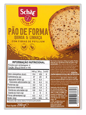 Pão de Forma Quinoa e Linhaça Sem Glúten Schar 200g *Val.251024