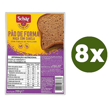 Kit 8 Pães de Forma Maçã com Canela Sem Glúten Schar 200g *Val.280924