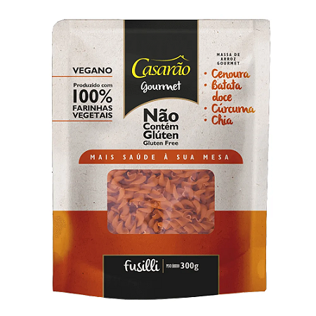 Macarrão Fusilli Gourmet c/ Cenoura, Batata Doce, Chia e Cúrcuma SG e Vegano Casarão 300g *Val.241125