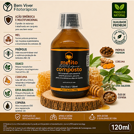 Melito Composto (Mel com Própolis Premium, Cúrcuma, Guaco, Erva-Baleeira e Copaíba) 120ml
