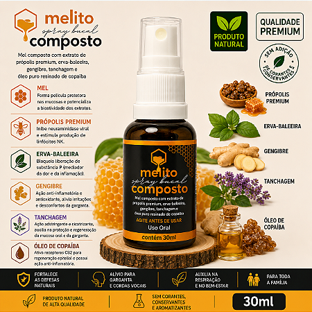 Melito Spray (Mel com Própolis Premium, Erva-Baleeira, Gengibre, Tanchagem e Copaíba) 30ml