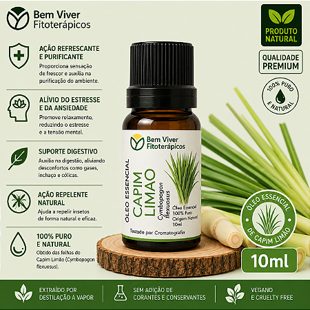 Óleo Essencial de Capim Limao (Lemongrass) (Cymbopogon Flexuosus) 10ml
