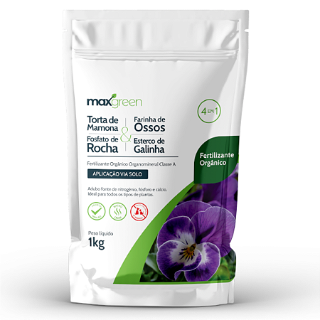 4 em 1: Torta de Mamona, Farinha de Ossos, Forfato de Rocha & Esterco de Galinha 1kg - Maxgreen