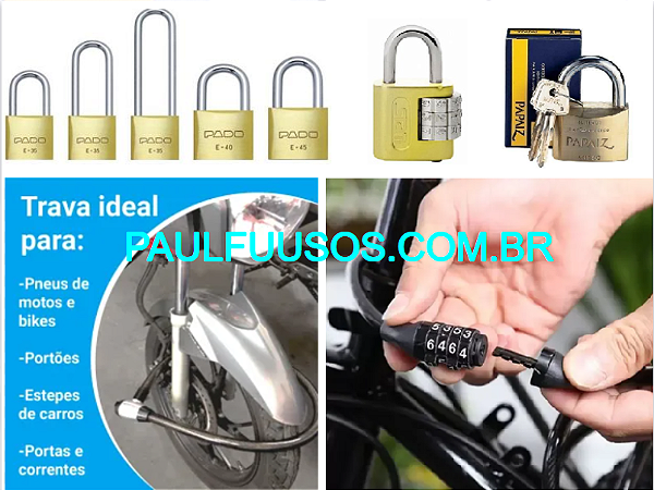 Cadeados c/ 2 chaves, c/ senha, haste longa, jogos c/ mesma chave e cabos p/ Bikes e Motos