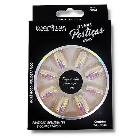 Unhas Postiças Macrilan Linha Premium Oval Rosé Gold Holográfico UP603A