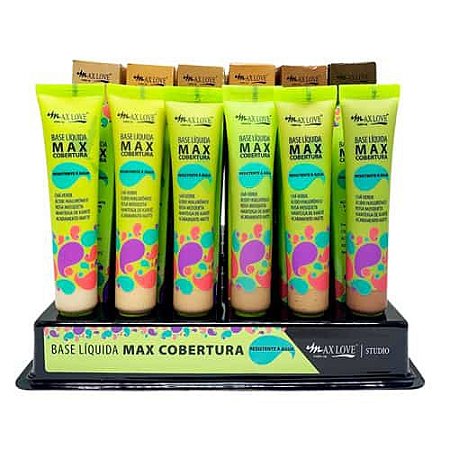 Base Líquida Max Cobertura Cores Médias e Escuras 501 a 511 Max Love - Box c/ 36 unid