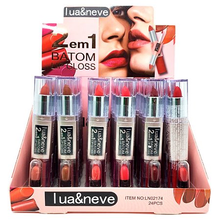 Batom Lip Gloss 2 em 1 Lua & Neve LN02174 - Box c/ 24 unid