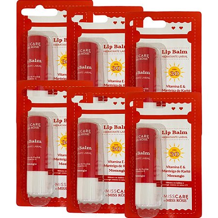 Lip Balm Morango FPS 30 Miss Rôse MR038 - Kit c/ 06 unid