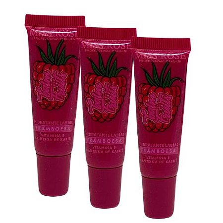 Hidratante Labial com Glitter Framboesa Balm Fruits Miss Rôse MR054/B - Kit c/ 03 unid