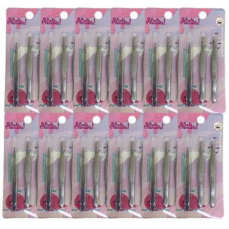 Kit com 03 Pinças para Sobrancelha Qbela Manuela! OBM930 - Pcte c/ 12 unid