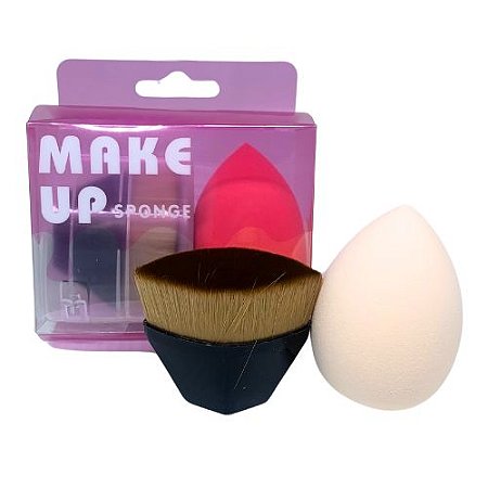 Kit com 01 Esponja Coxinha e 01 Pincel para Base Kabuki Mágico Hexagonal