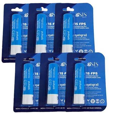 Protetor Labial Natural 15 FPS Hidratação Profunda 24H Isis Make-Up IS0083 - Kit c/ 06 unid
