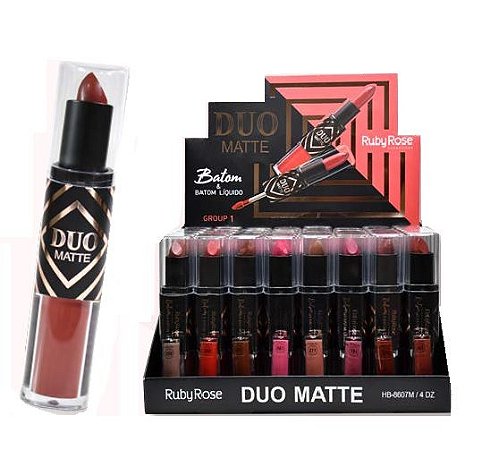 Batom Duo Matte Liquido e Bastão Ruby Rose HB-8607 - Box c/ 48 unid