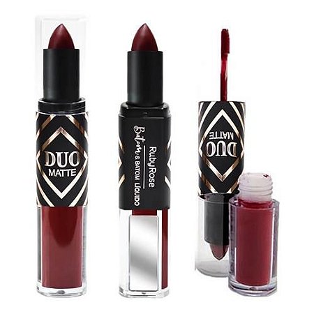 Batom Duo Matte Liquido e Bastão Ruby Rose HB-8607 - Kit c/ 08 unid