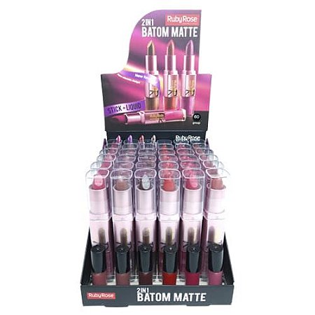 Batom Matte 2 em 1 Ruby Rose HB-8606 - Box c/ 36 unid