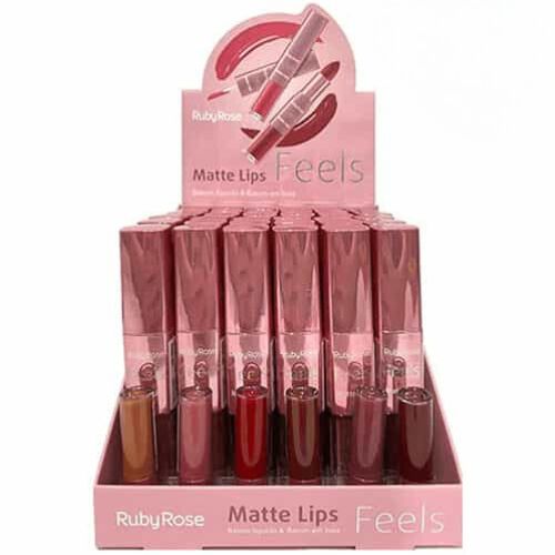 Batom Líquido & Batom em Bala Matte Lips Feels Ruby Rose HB-8608 – Box c/ 36 unid