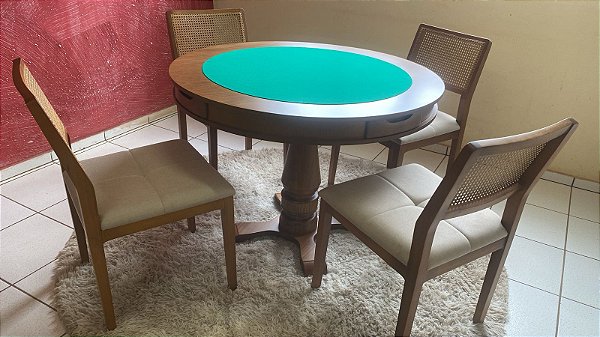 Promoção Mesa de Jogos Carteado 4 Lugares Redonda Tampo Reversível com Gavetas Com 4 Cadeiras tela sextavada em madeira maciça de jequitibá